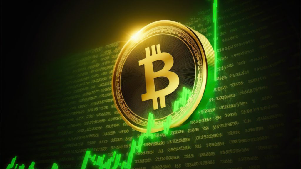 Bitcoin digital cryptocurrency on green chart background